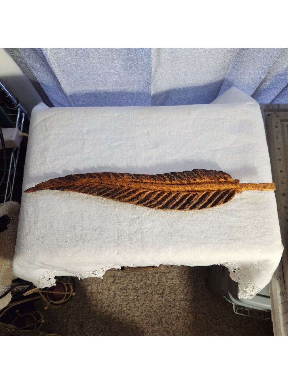 Hand-Carved Wooden Feather Crude Sculpture Rustic Artisan Folk Art 18" Long Brow